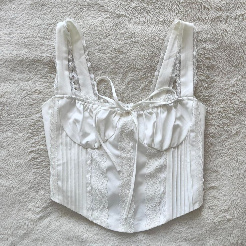 White milkmaid cottagecore corset lace-up bow sleeveless bustier top | Size S
